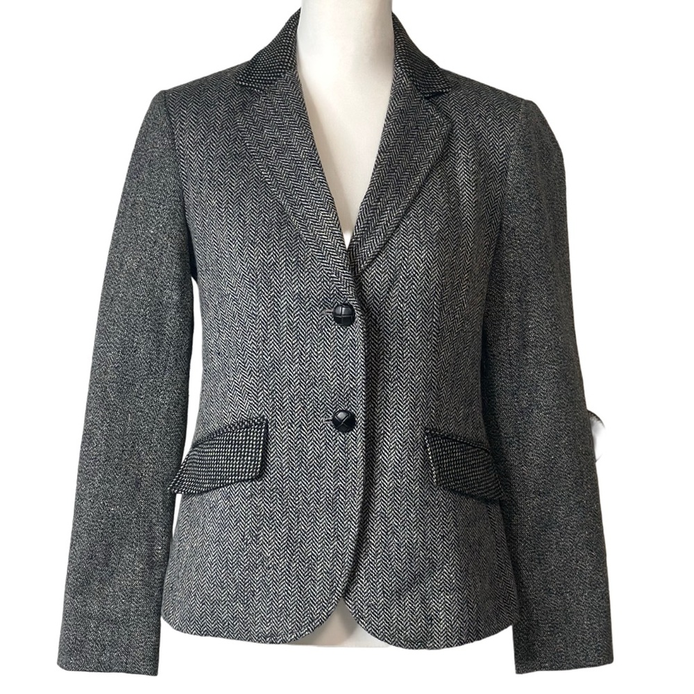 Talbots Women's Wool Blend Herringbone Elbow Patch Wool Blazer Gray Sz 2